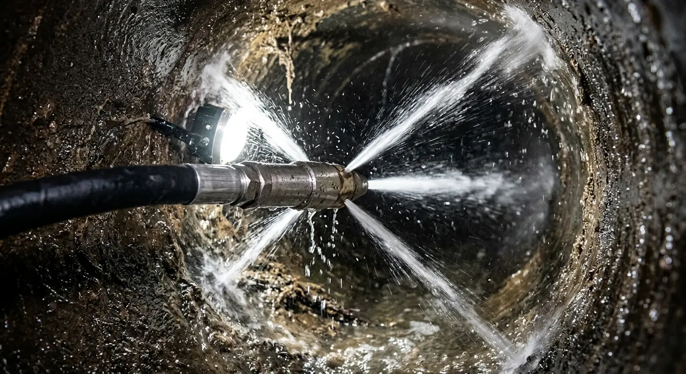 High-pressure hydro jetting nozzle cleaning sewer pipe for Trenchless Sewer Repair in Salton City