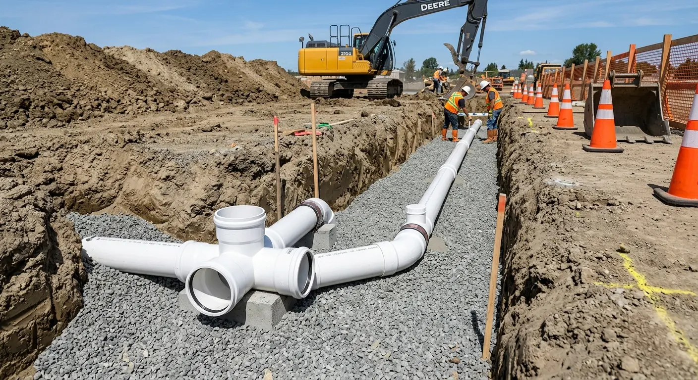 New PVC sewer pipe installation in open trench for Commercial Drain Cleaning in Salton City
