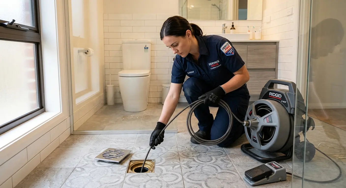 Technician clearing a bathroom floor drain for Sewer Line Replacement in Salton City